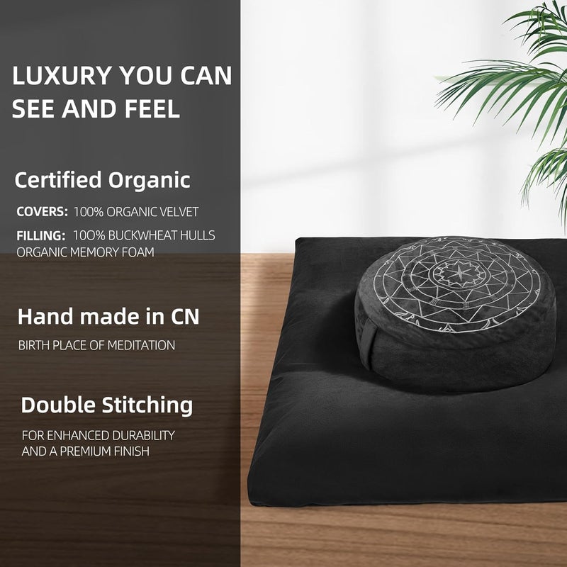 ellier Zafu & Zabuton Meditation Cushion Set - Buckwheat Hull & Memory Foam Pillows, Ergonomic Support for Yoga, Mindfulness - Organic Velvet Cover, Large Size, Durable Comfort (Black) - Image 5